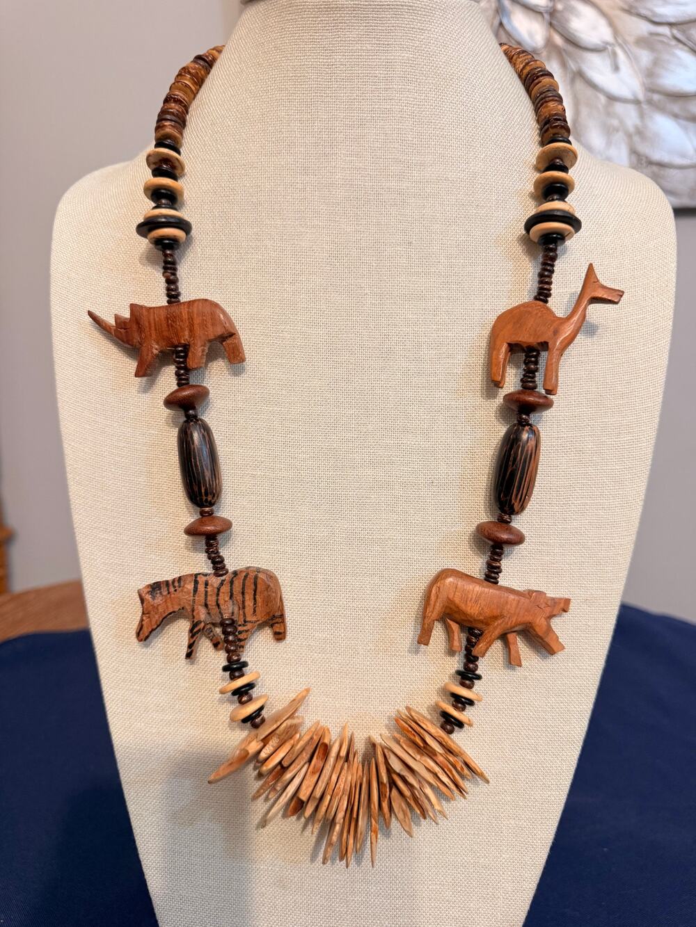 Vintage 27” Safari Carved Wood Animal Statement Necklace